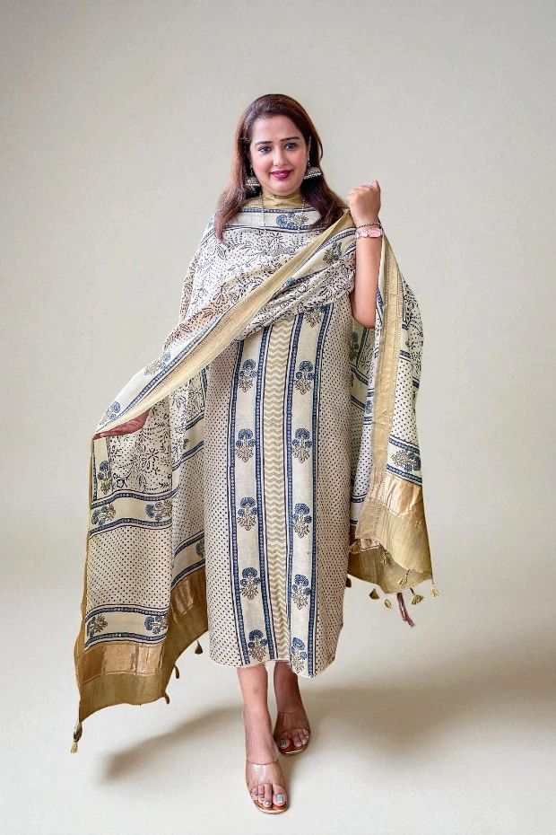 Ivory Ajrakh Chanderi Cotton Silk Kurta & Dupatta Set